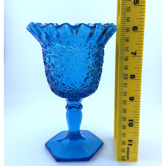 VTG MCM LE Smith Pressed Glass DAISY & BUTTON Blue Ruffled 6 1/2" Compote Vase - Picture 10 of 10